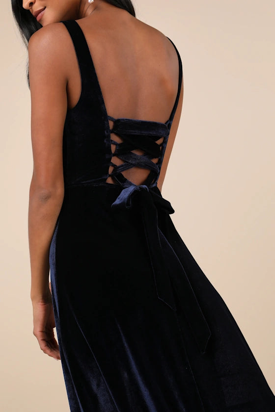 Vestidos formales Weitese para mujer, elegante vestido largo azul marino de terciopelo con escote cuadrado, cordones y abertura, vestidos de fiesta.